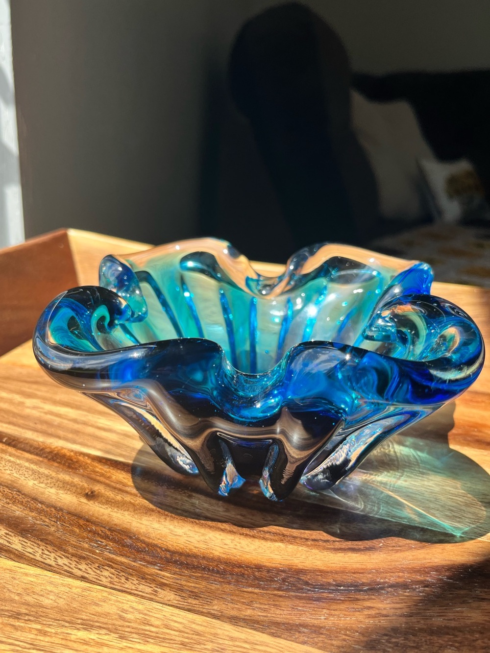Vintage Handblown Murano Style Art Glass Bowl  in Blue Accents